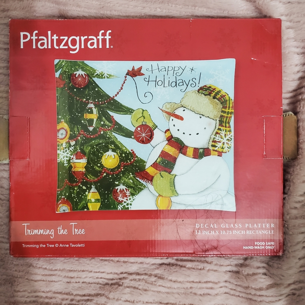 NIB Pfaltzgraff Christmas Decal Glass Platter Holiday Snowman